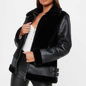 Black faux fur aviator jacket